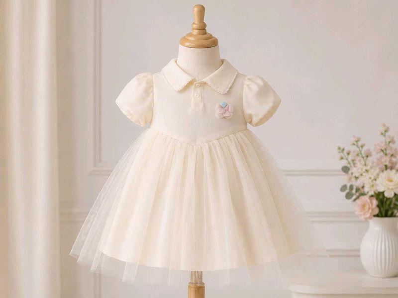 Cream Tulle Dress with Flower Accent