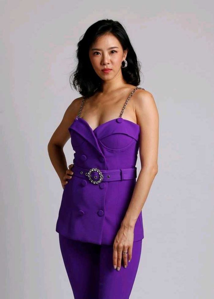 Purple designer Breasted Belted co ord rhinestone