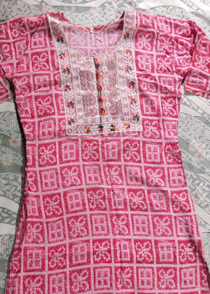 Pink Printed Kurta with Embroidery