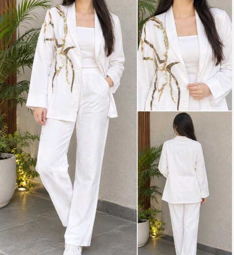 Chic White Sequin Blazer &amp; Pant Set