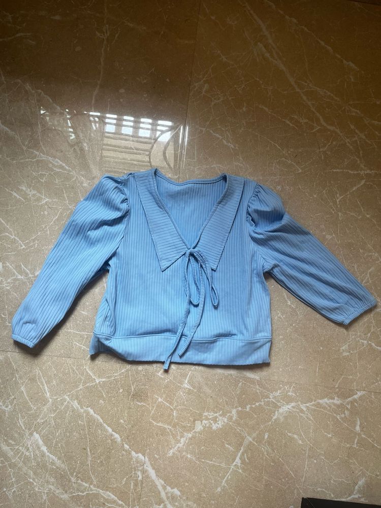 Blue Ribbed V-Neck Tie Top