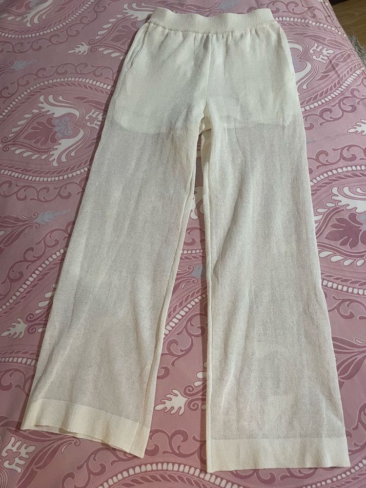 Cream Wide-Leg Knit Pants