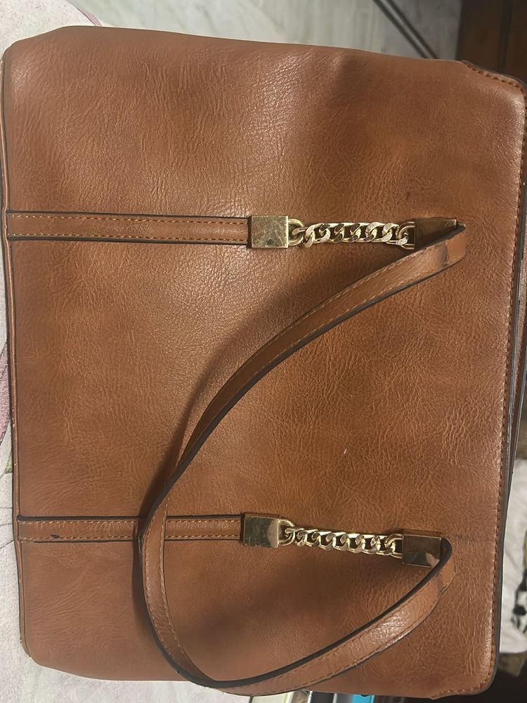 Brown Chain Accent Satchel