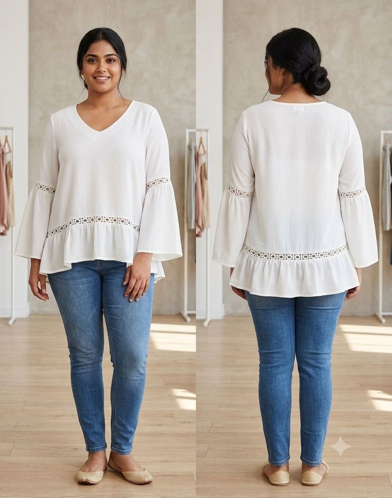 White Bell Sleeve Tunic with Lace Detail