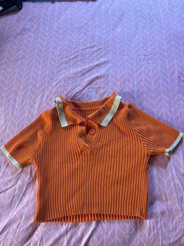 Orange Ribbed Polo Top