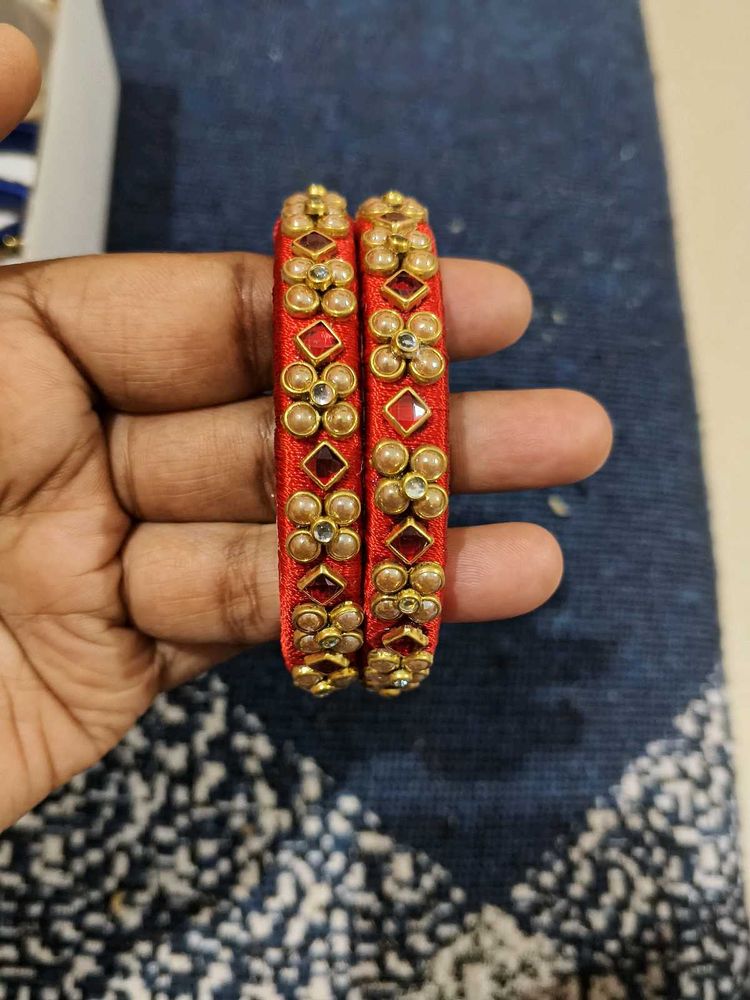 Red Silk Thread Bangles with Embellishments