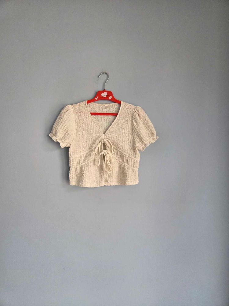 Cream Textured Tie-Front Top H&amp;M XS