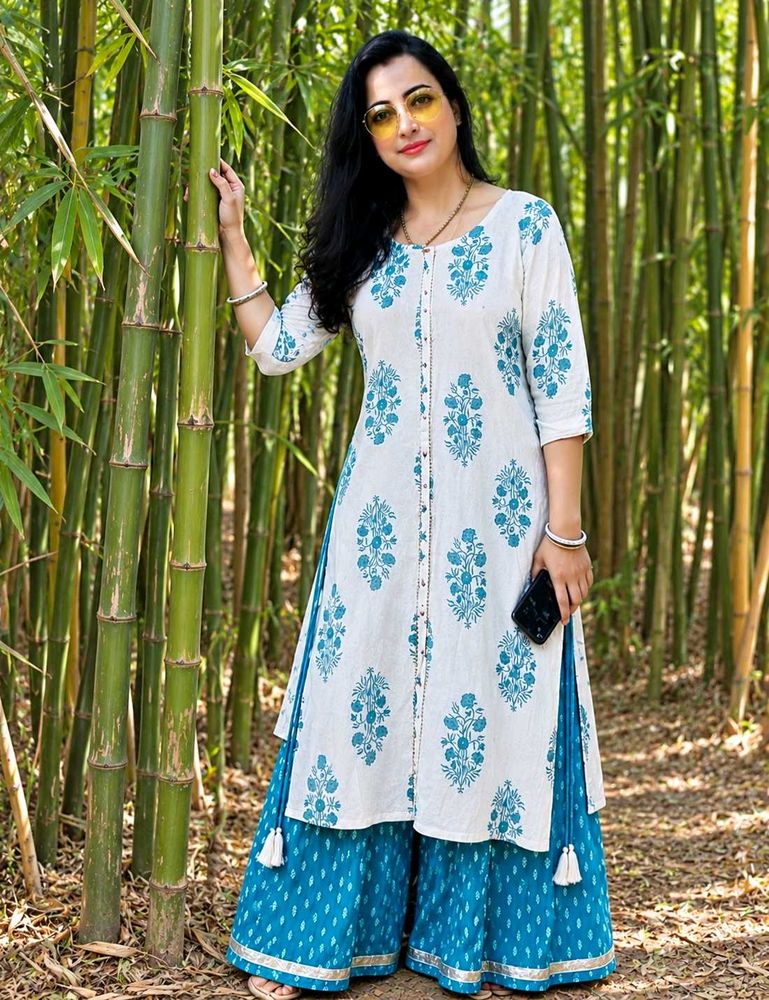 Elegant White &amp; Blue Floral Kurta Set with palazzo