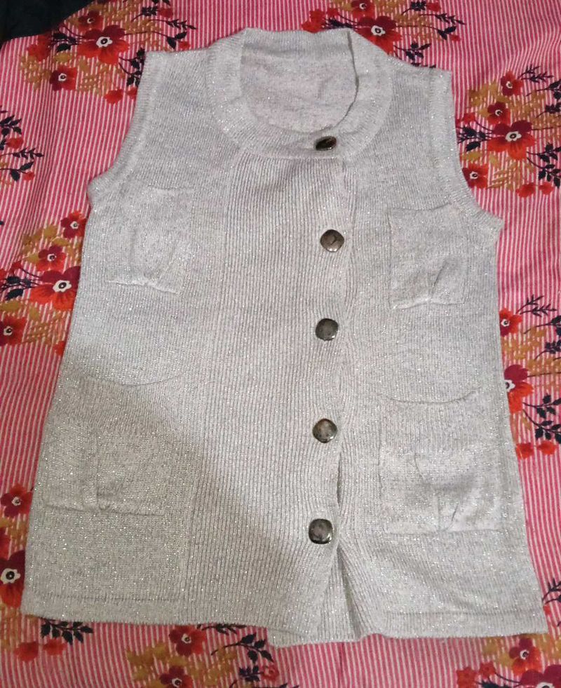 Silver Knit Button Vest