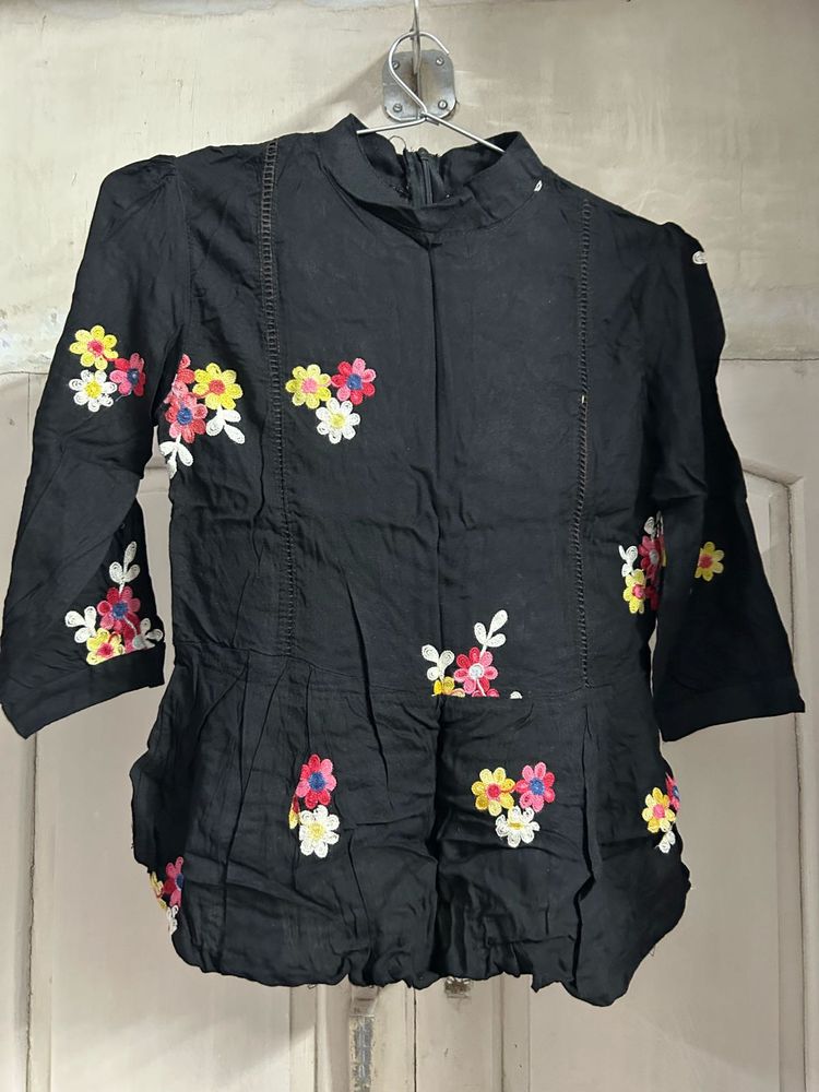 Black Embroidered Floral Blouse