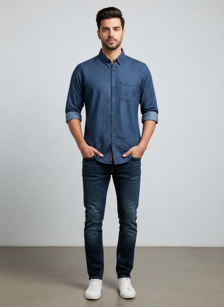 Blue Casual Denim Shirt With Micro Print
