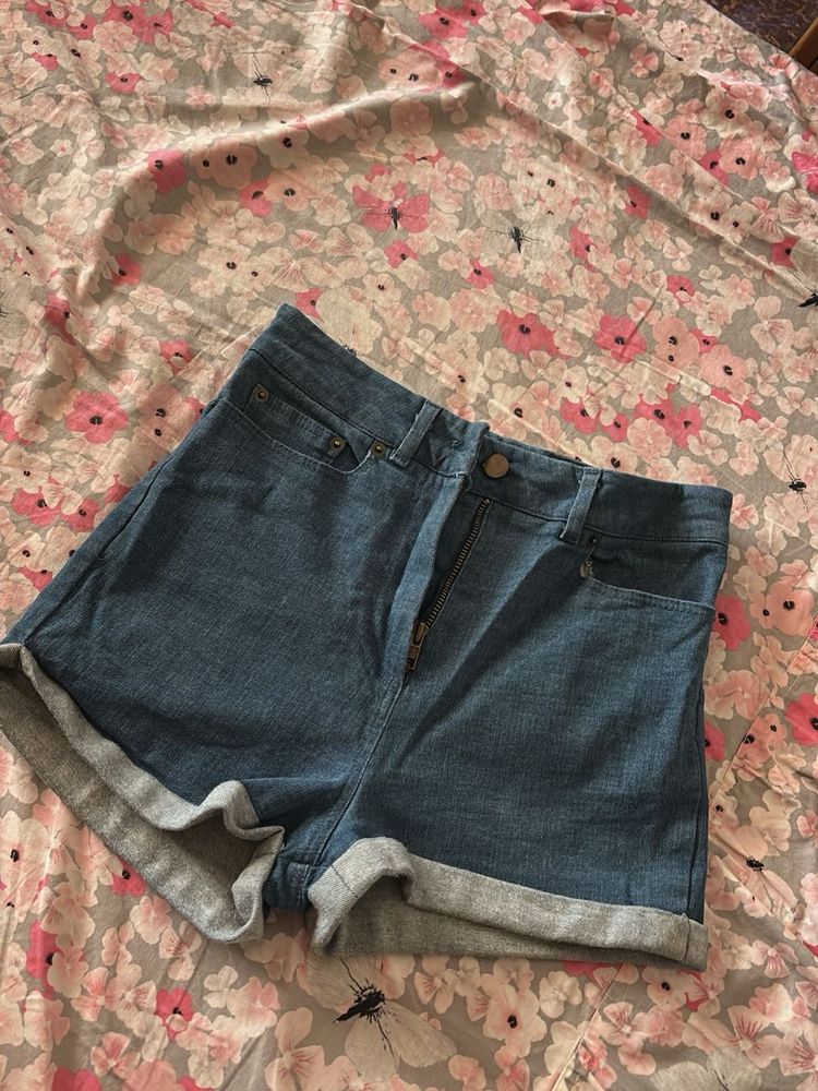 Blue Denim Cuffed Shorts