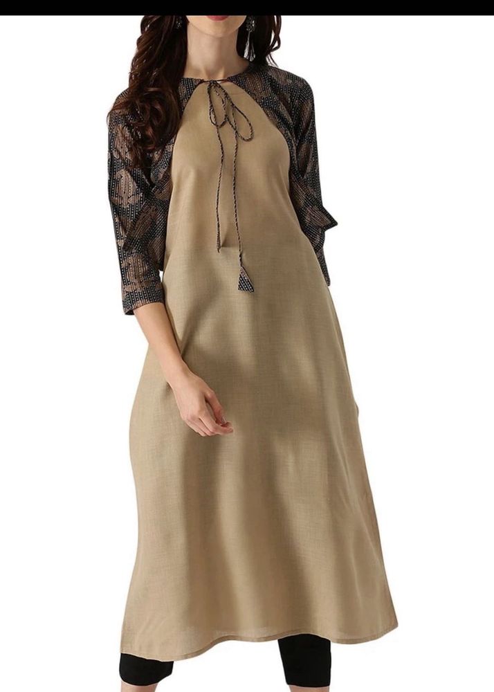 Stylish Beige Kurta with Black Net Sleeves