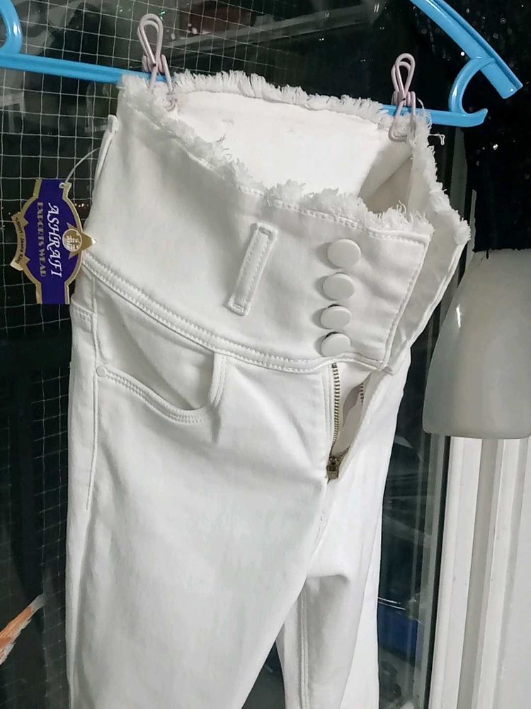 White High-Waisted Button Fly Jeans