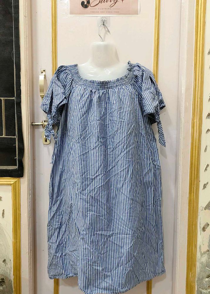 Blue Striped Off-Shoulder Dress