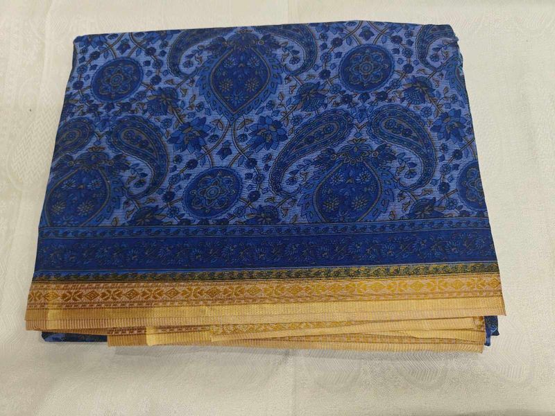 Vibrant Blue Paisley Print Saree