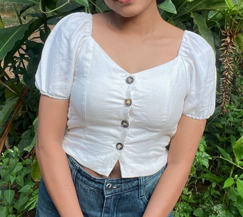 White Puff Sleeve Button Top