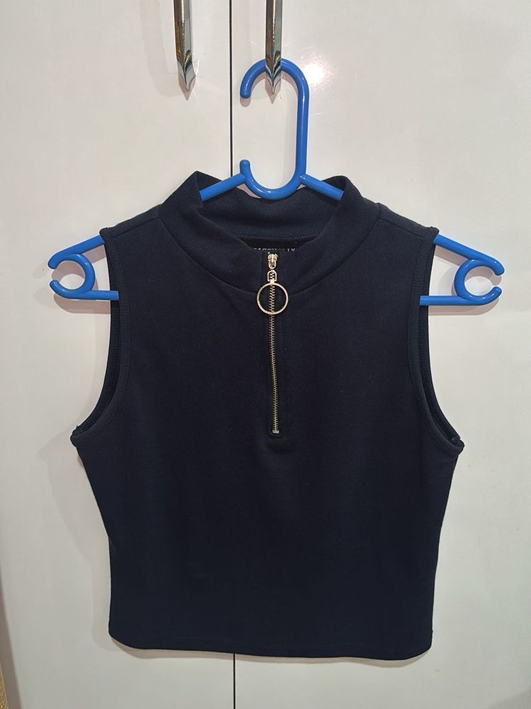 Dark blue Zip-Up Mock Neck Sleeveless Top