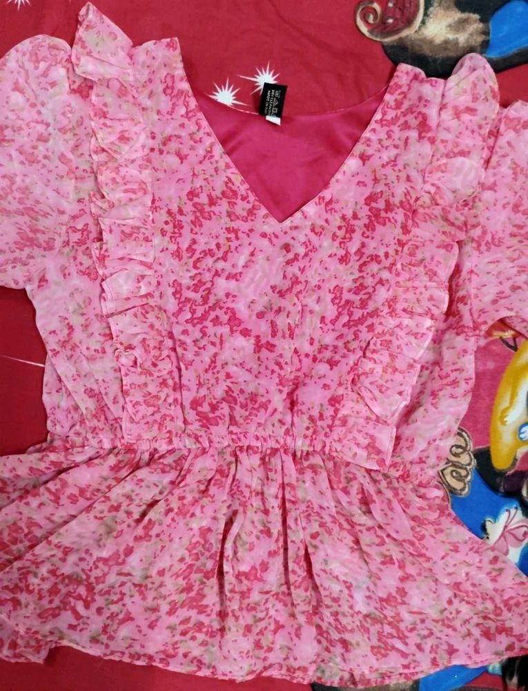 Pink Floral Ruffle Sleeve Top