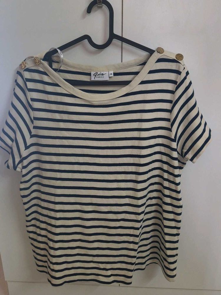 Striped Boat Neck Top with Button Detail
