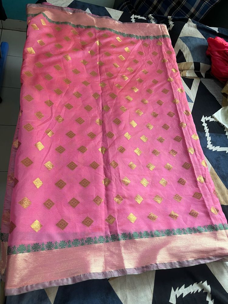 Elegant Pink Saree with green blouse