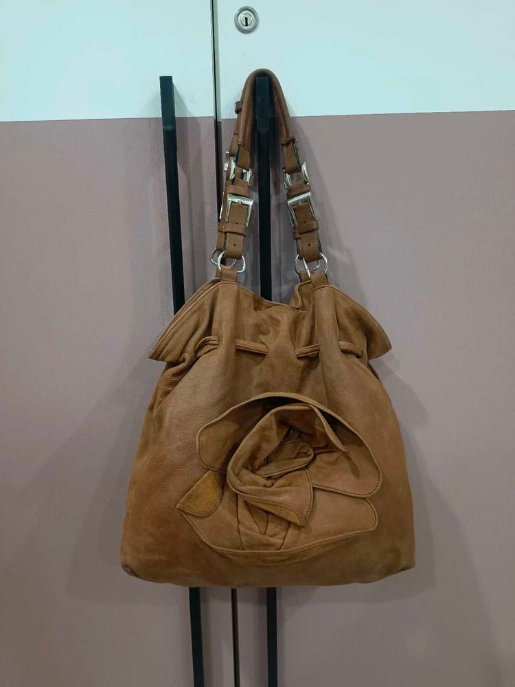 Brown Suede Hobo Bag with Flower Detail