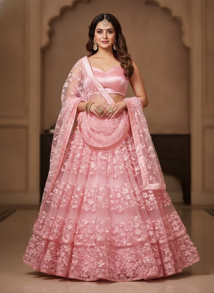 baby Pink Floral Net butter fly fabric lahanga sui