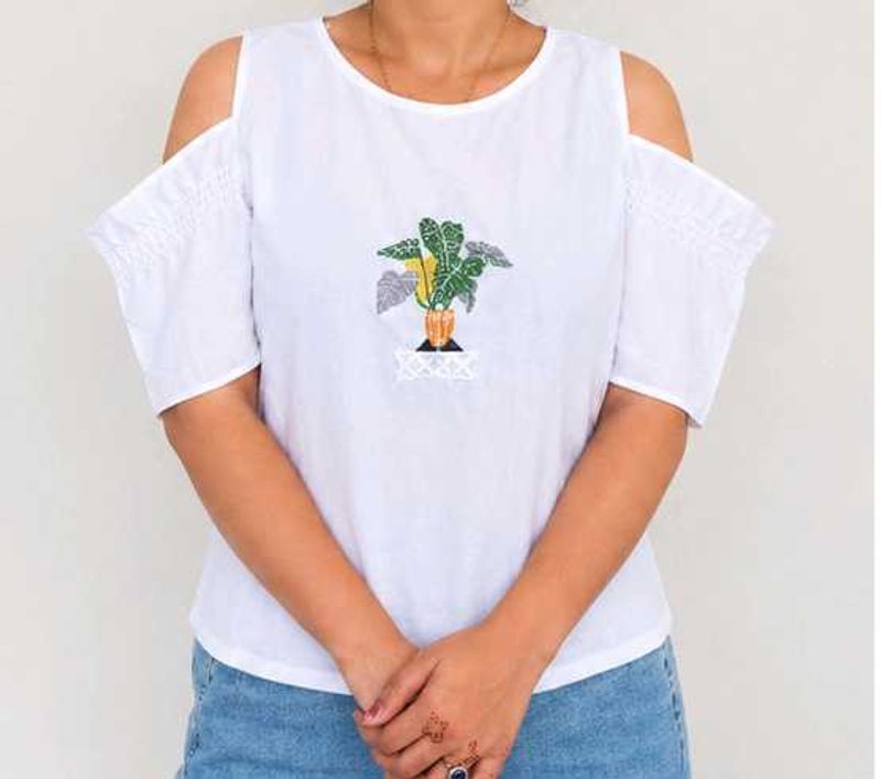 White Cold Shoulder Top with Plant Embroidery