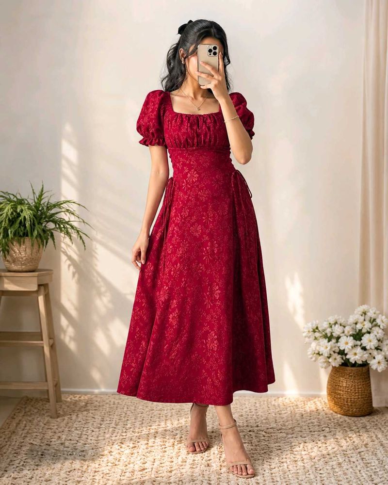 Elegant Red Puff Sleeve Dress