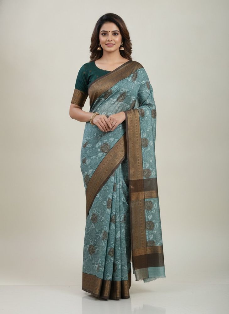 Elegant Blue Floral Print Saree