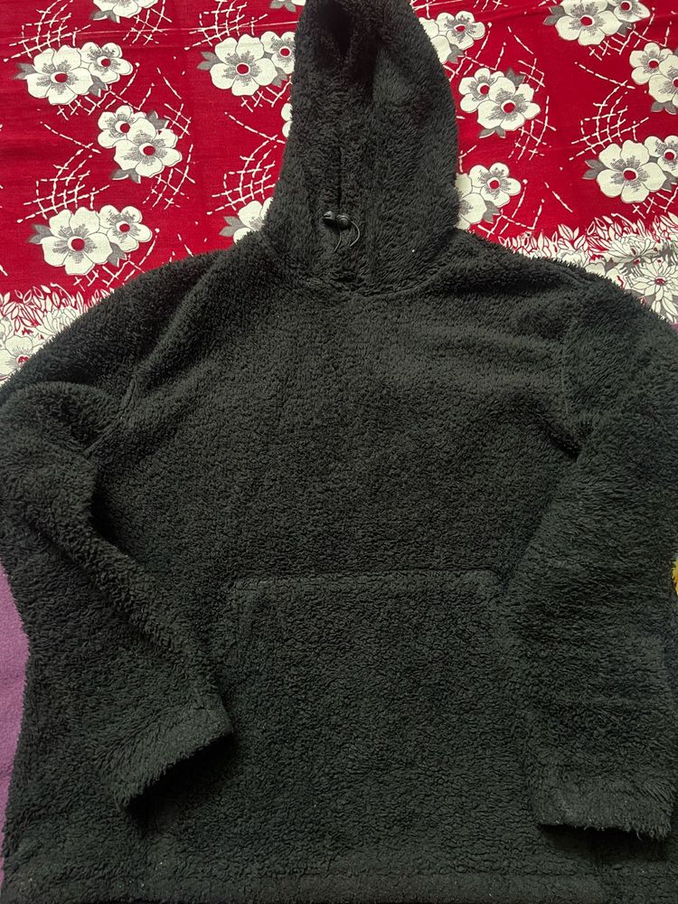 H&amp;M Black Teddy Hoodie Jacket – Small (Relaxed Fit
