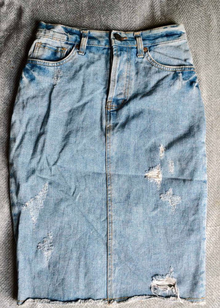 I. Light Wash Distressed Denim Midi Skirt