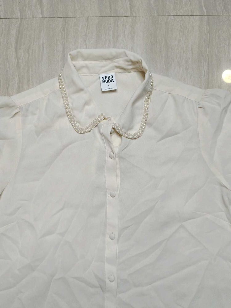 Elegant Sheer Blouse with Embellished Collar
