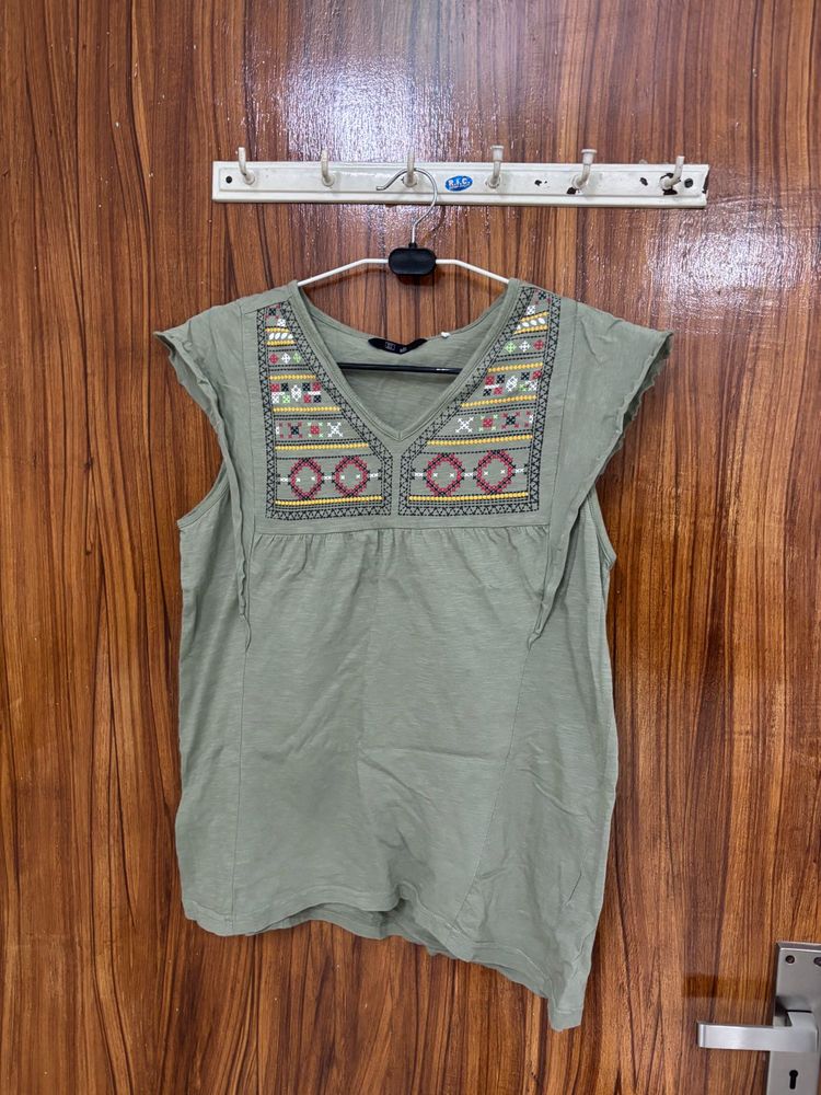 Green Embroidered V-Neck Top