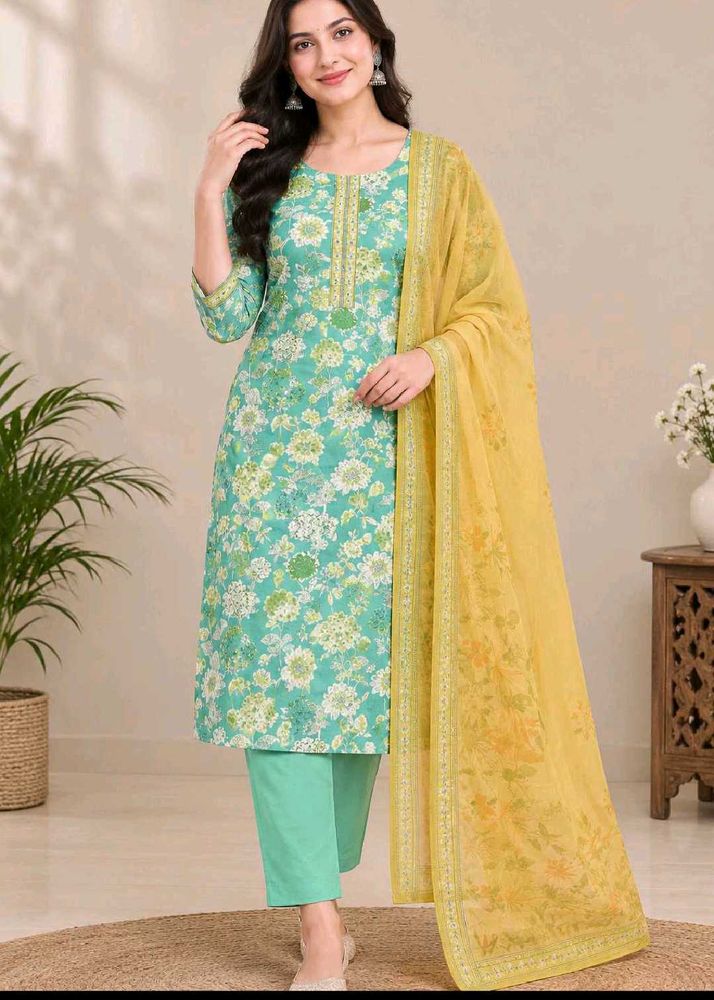 Teal Floral Kurta Set with Dupatta