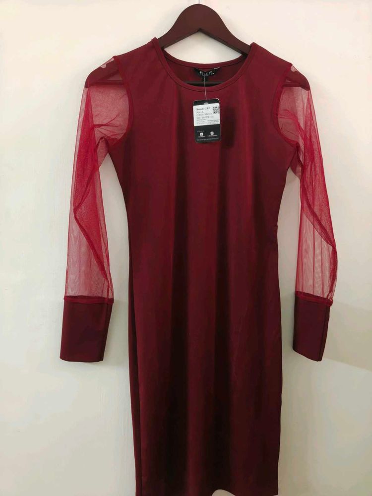 Maroon Sheer Sleeve Dress