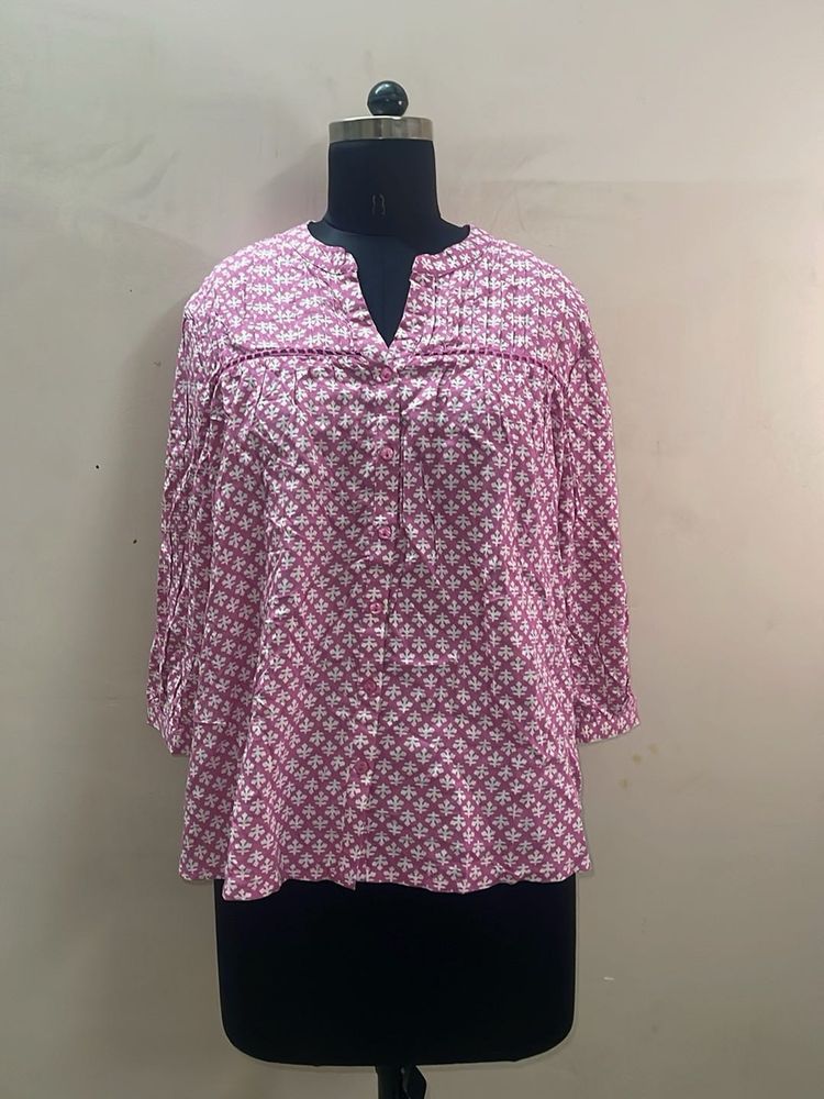Pink Floral Print Button-Up Top