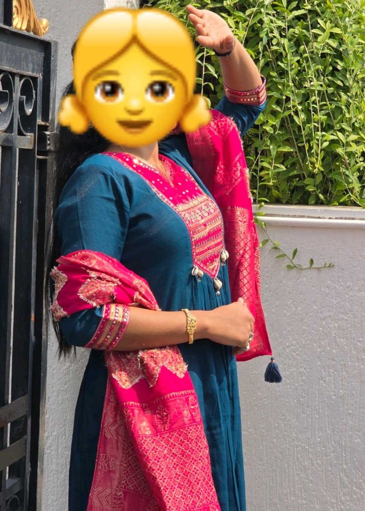 Elegant Teal Kurta Set with Pink Dupatta