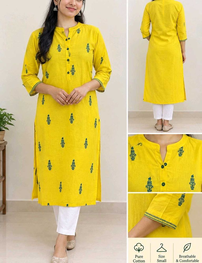 Yellow pure Cotton embroideed Kurta