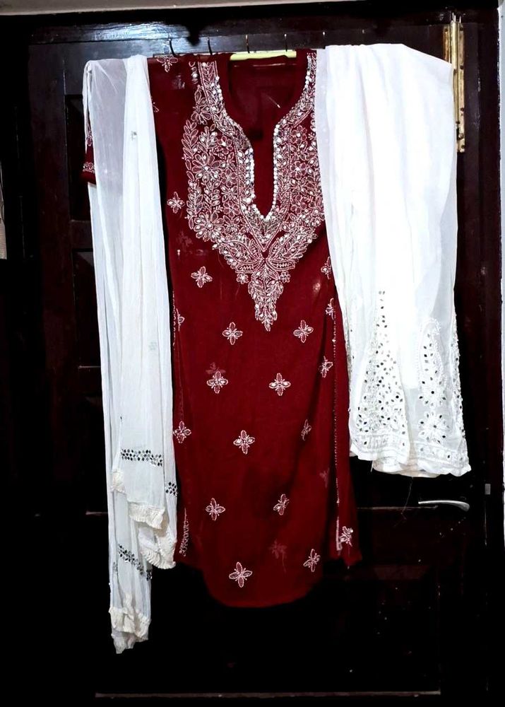 Maroon Kurta Sharara Set with White Dupatta