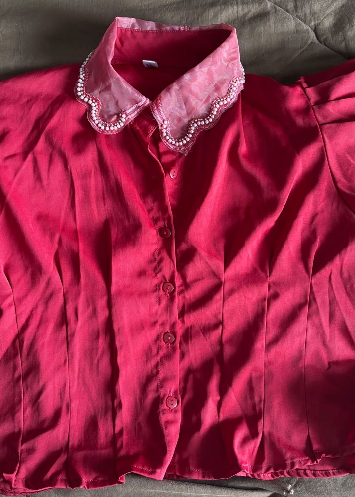Red Embellished Collar Top