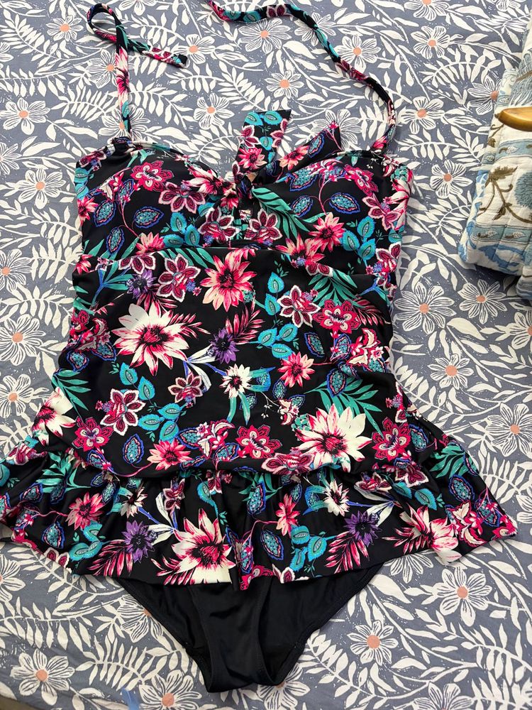 Floral One-Piece Swimsuit with Ruffle Skirt