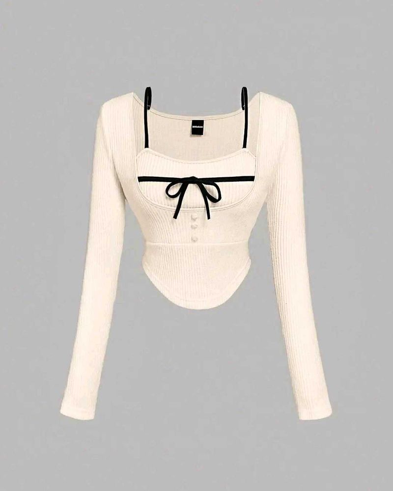Ribbed Long Sleeve Top with Bow Detail