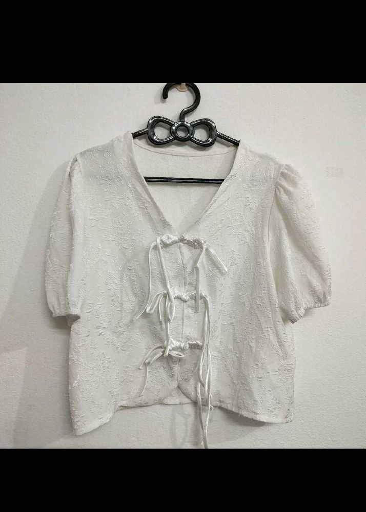 White Textured V-Neck Tie-Up Top