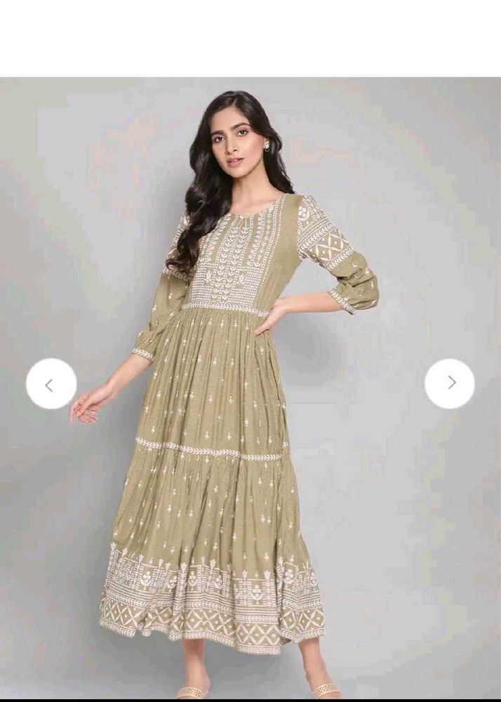 W brand Olive Green Tiered Embroidered Gown