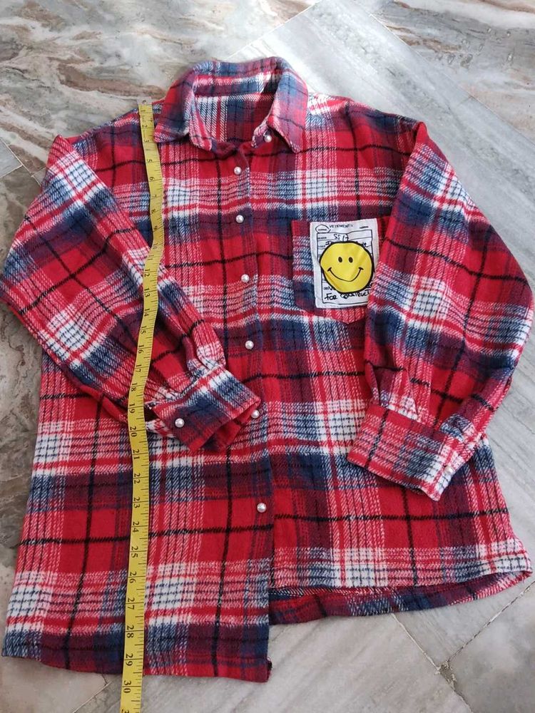 Red Plaid Flannel with Smiley Patch