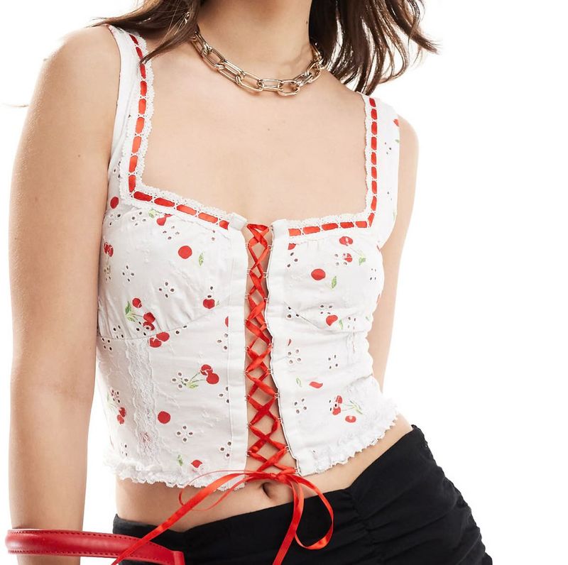 Cherry Print Lace-Up Crop Top