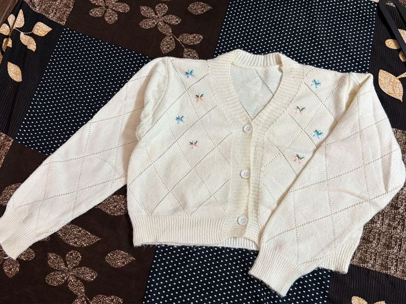 Cute Cream Embroidered Cardigan