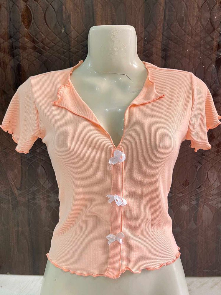 Peach Ribbed Button-Up Top