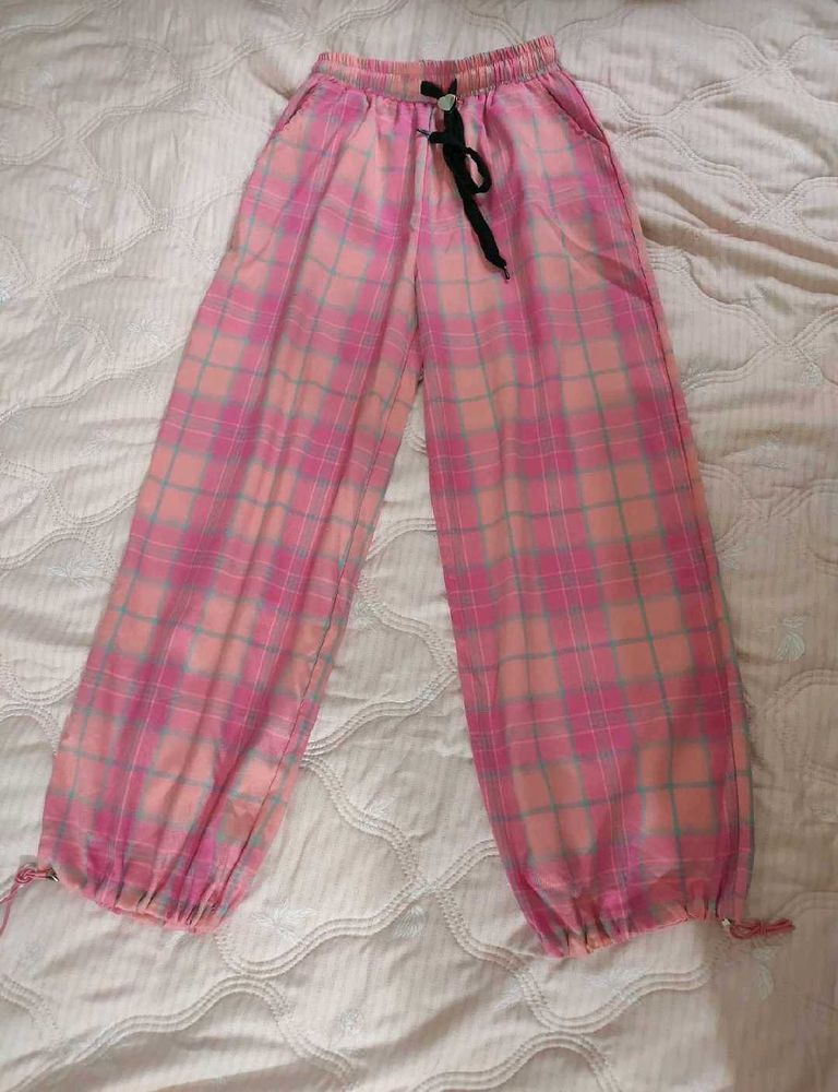 Pink Plaid Wide-Leg Pants